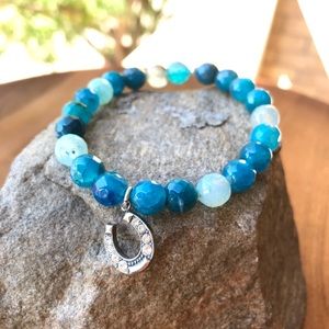 Teal Agate Beaded CZ Horseshoe Charm Bracelet
